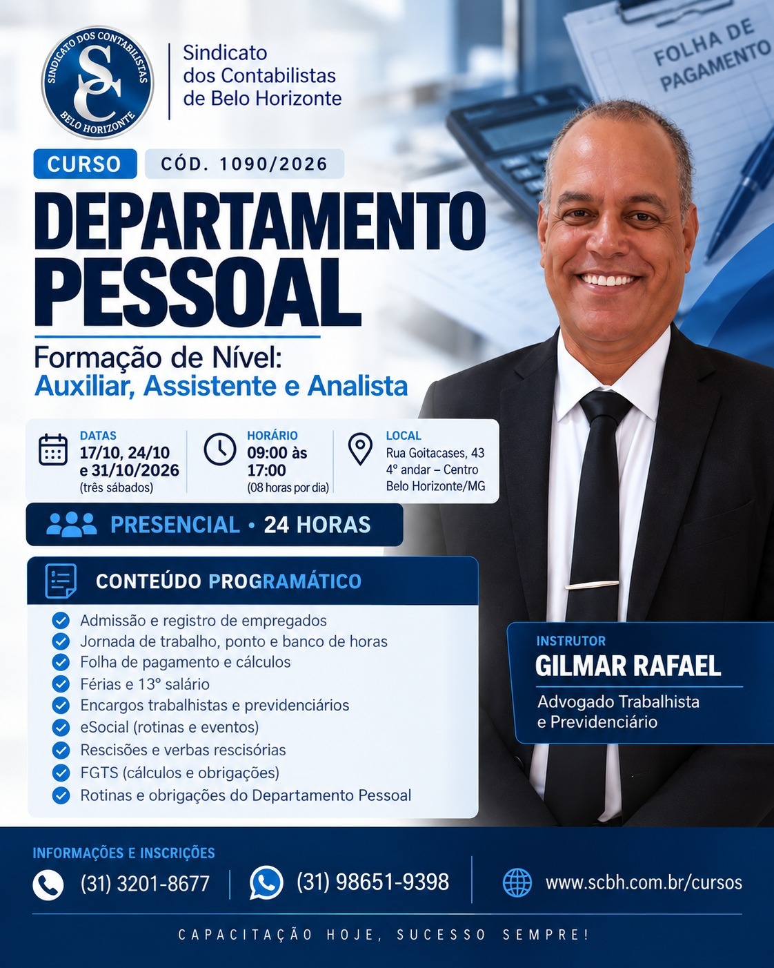 Cód. 1090/2026 – Departamento de Pessoal Formação de Nível (Auxiliar, Assistente e Analista) (03 sáb, de 09:00 as 17:00h) *Presencial!